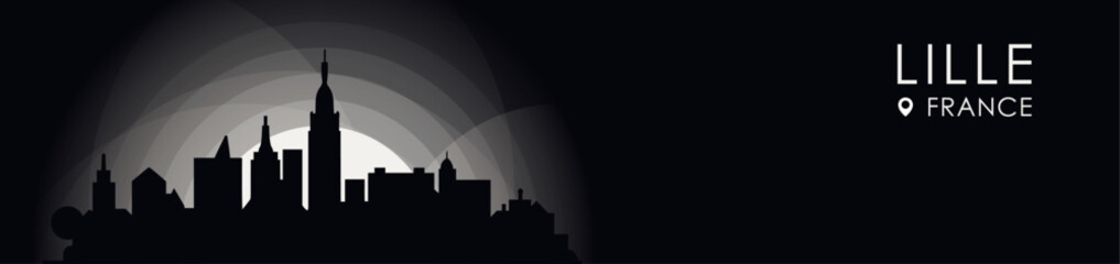 Obraz premium Vector Lille, France cityscape banner. Black and white placard profile picture for header, footer