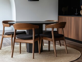A wooden dining table with four chairs around it