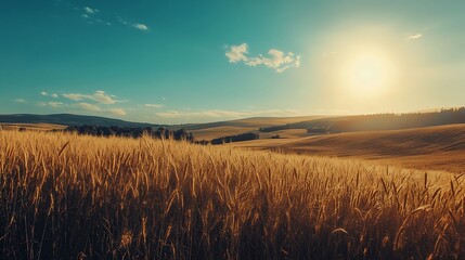 Obraz premium Golden Wheat Field Sunset Landscape