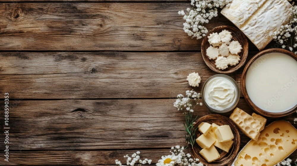 Aufkleber a rustic wooden table features an array of fresh dairy products like milk, cheese, and butter, creat