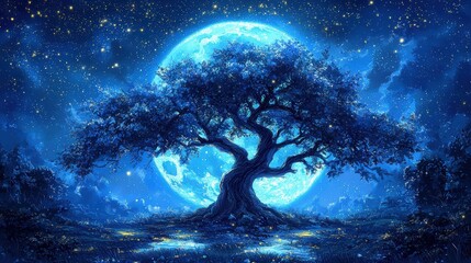A serene night scene featuring a majestic tree silhouetted against a bright blue moon and sparkling stars.
