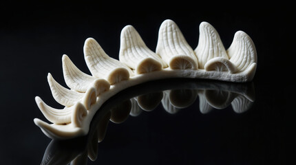 White 3D Printed Dinosaur Bone Fragment Against Black Background, Artistic Macro Photography of Curved Prehistoric Fossil Replica with Dramatic Lighting and Reflection
