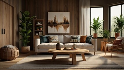 Here's a description and keywords for your stock photo.. Cozy living room with wooden accents, plants, and a comfy sofa.
