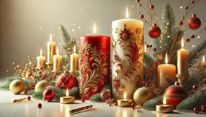 Christmas background with golden glitter and snowflakes and elegant decorated candles