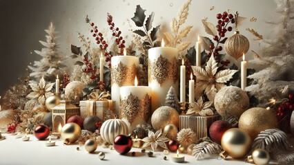 Soft sparkling Christmas themed and elegantly decorated candles