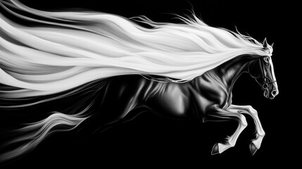 Illustration of a black horse with a flowing white mane leaps across a dark background