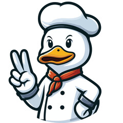 The Peking duck mascot is wearing chef outfit with v shape hand pose in flat style