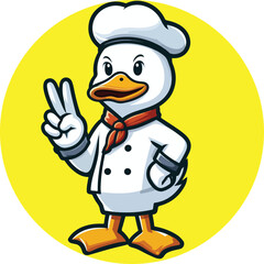 The Peking duck mascot is wearing chef outfit with v shape hand pose in flat style