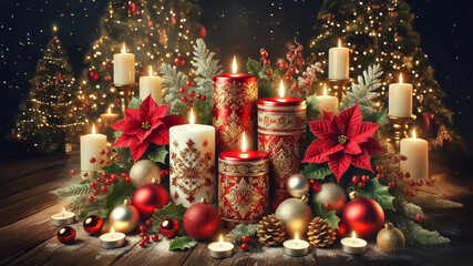 Gold decorated Christmas background with gold decorated candles