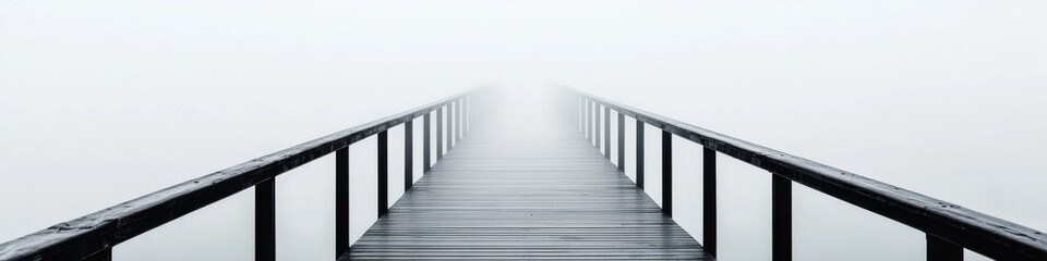 Misty fog over wooden pier tranquil nature scene serene environment wide angle view