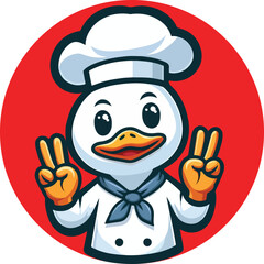 The Peking duck mascot is wearing chef outfit with v shape hand pose in flat style