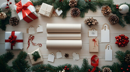 Festive Christmas gift wrapping supplies arranged on a white wooden surface.  Blank gift tags, rolls of kraft paper, red ribbons, bows, wrapped presents, pine branches, pine cones, and decorations.