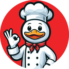 The Peking duck mascot is wearing chef outfit with v shape hand pose in flat style