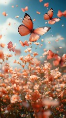 A vibrant scene of butterflies fluttering among blooming flowers.