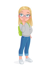 Curious little girl with eyeglasses thinking. Cartoon vector illustration.