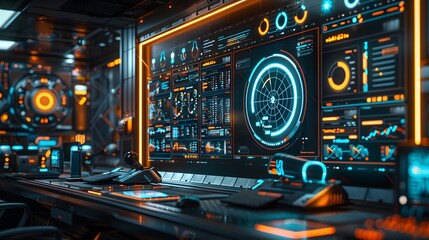 Obraz premium The photo showcases a dynamic office desk with futuristic gadgets, glowing digital charts hovering above, sleek metallic and glass elements, and a minimalist yet powerful layout, Photography, National