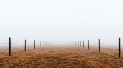 Foggy landscape with fencing rural field photography tranquil setting wide angle nature concept