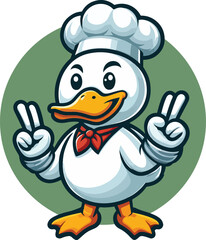 The Peking duck mascot is wearing chef outfit with v shape hand pose in flat style