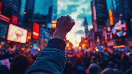 Protester Raises Fist in Solidarity Amidst Vibrant Cityscape, Representing Unity, Justice, and Social Change at Dusk in a Bustling Urban Environment