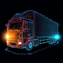 A bright mesh truck icon with a glare effect, designed using a white wireframe triangular mesh in vector format. Set against a black background, this abstract 2D mesh features a polygonal grid, small 
