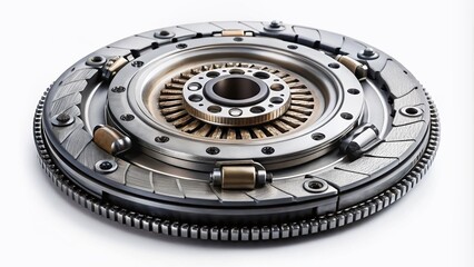 High-Resolution Drone Photography of Car Engine Clutch Isolated on White Background with Clipping Path for Automotive Parts and Repair Use