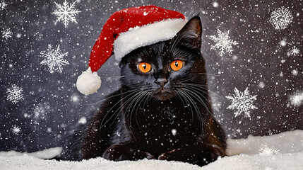 Adorable black cat wearing a Santa hat.