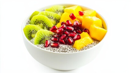 A vibrant bowl of coconut chia pudding topped with fresh mango, kiwi, and pomegranate seeds