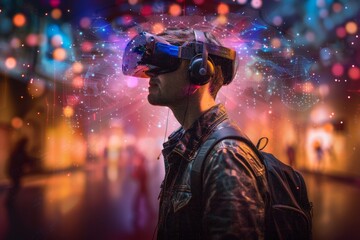 Man exploring futuristic virtual environment with AI assistant and immersive market data interface