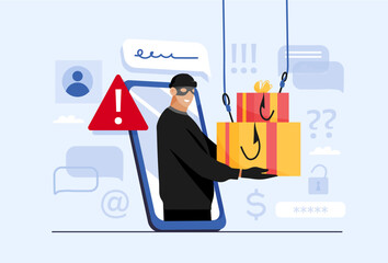 Phishing online scam concept. Gift scammer steals passwords and personal data, cybercrime and online security. Flat vector cartoon illustration.