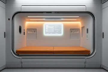 Obraz premium Modern capsule hotel room with glowing interface and orange bedding