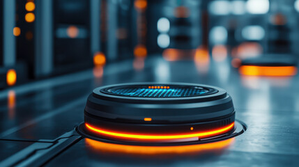 Fototapeta premium Futuristic technology with glowing circular device in modern setting