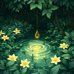 Golden drop over lush pond.