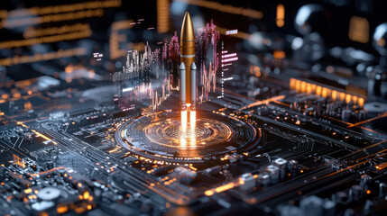 Rocket launch pad on futuristic circuit board, showcasing technology