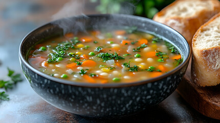 Hearty vegetable soup steaming in a bowl, alongside crusty bread slices.