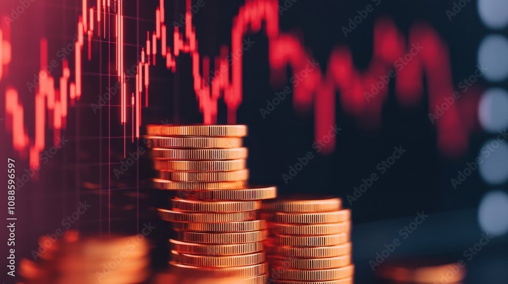 Poster stock market crash showing declining graph with stacks of gold coins