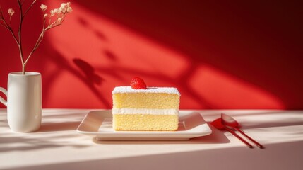 Brightly Lit Slice of Vanilla Cake with Fresh Raspberry on Top Against a Vibrant Red Background, Showcasing Minimalist Dessert Presentation