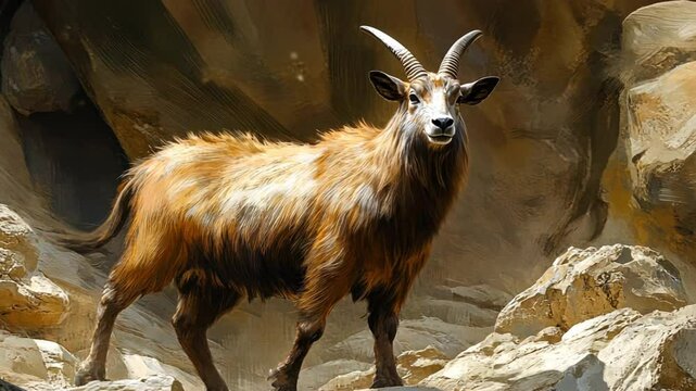 Mainland Serow navigating rocky terrain, with muscular legs and detailed facial fur.