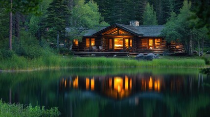 Obraz premium Rustic log cabin with open windows, lake reflections nearby 