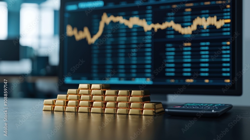 Poster gold bars stacked on desk with rising stock prices displayed on monitor