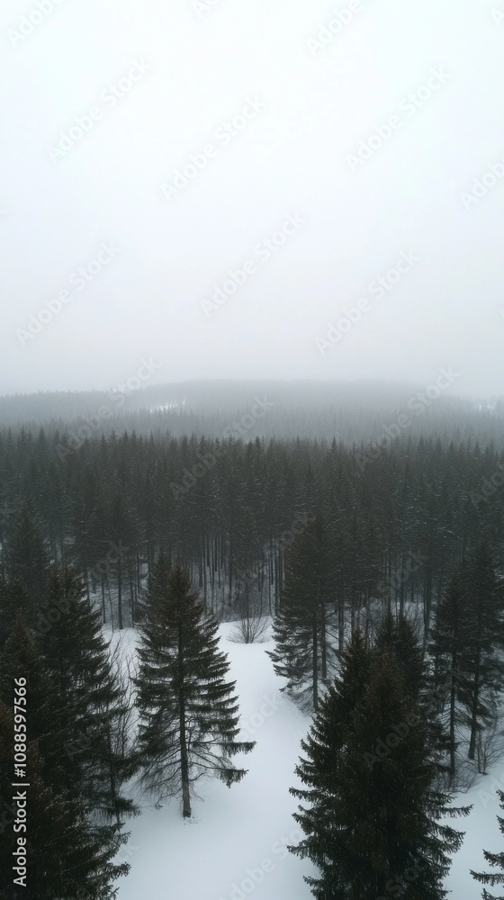 Poster a snowy forest with trees covered in snow