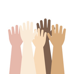 Raising hands with different skin color. Happy community, diversity, multiracial, multicultural, teamwork, connection, together, unity concepts. Flat character vector isolated design illustration.