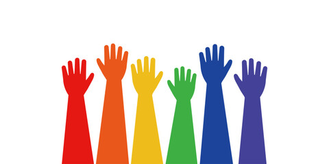 Rainbow people raising hands. Community, support, diversity, care, society, peace, LGBTQIA concept. Flat people vector design illustration isolated on white background. 