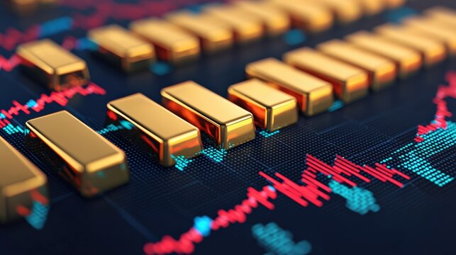 Gold bars forming a growing chart on a financial market screen