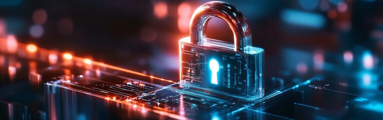 A futuristic digital lock rests on a circuit board, representing strong cybersecurity measures in place. The vibrant colors reflect advancements in technology and protection