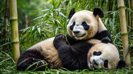 Obraz premium A giant panda with its cub rolling together in a bamboo forest. The lush green background emphasizes their gentle and playful nature.