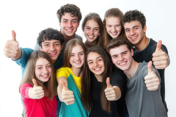 Happy group of teenagers giving thumbs up, celebrating friendship and joy