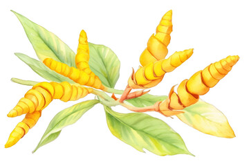 Watercolor drawing of turmeric flowers and leaves isolated on a white background. Tropical nature elements illustration, Generative AI