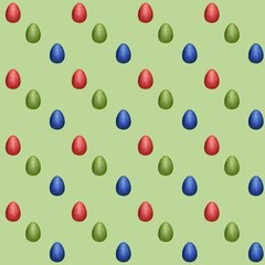 Easter Red, Green, and Blue Eggs Small on Green Background Seamless Pattern