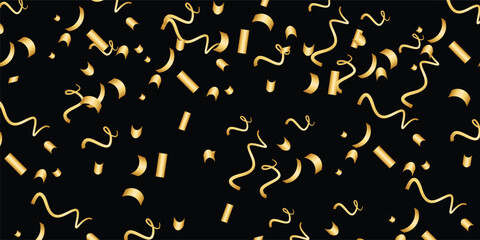 Luxury vector Golden confetti isolated on black background. Scatter gradient with gold confetti on dark backdrop. Glamour falling glitter. New year wallpaper .brochure template. Cover texture design.	