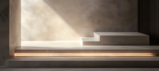 69. A natural stone podium with clean edges, illuminated by soft light, creating space for a product display.